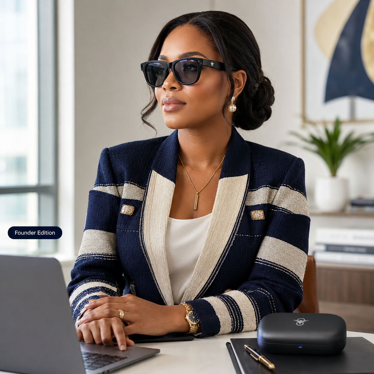 Founder wearing Value Adders AI Glasses at work